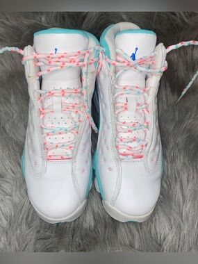 Jordan Kids White and Teal Athletic Shoes with Pink Accent Laces . Youth size 6